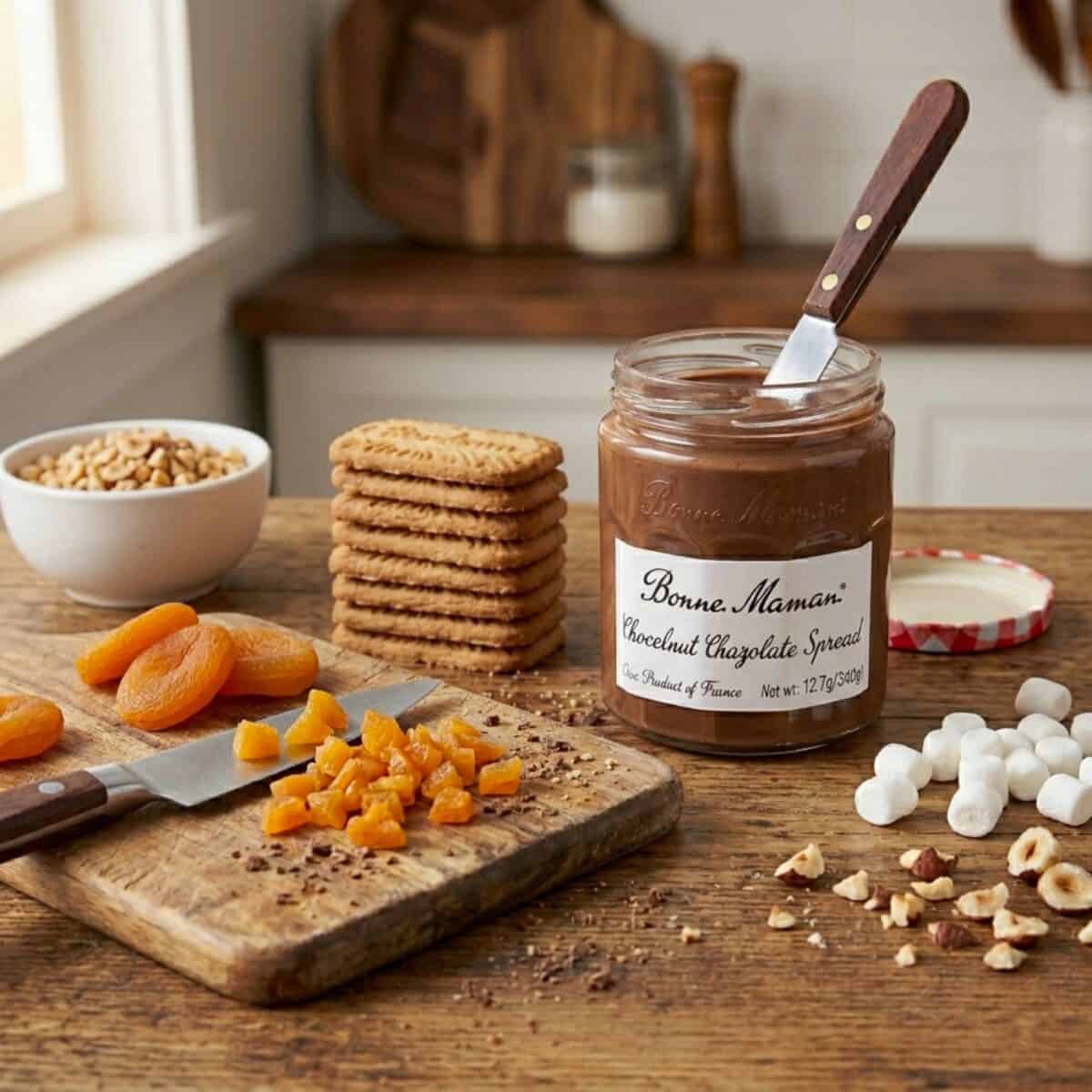 Ingredients including a jar of Bonne Maman chocolate hazelnut spread with a knife, a stack of Pepperidge Farm Bordeaux cookies, chopped hazelnuts, chopped dried apricots and mini marshmallows on wood table.