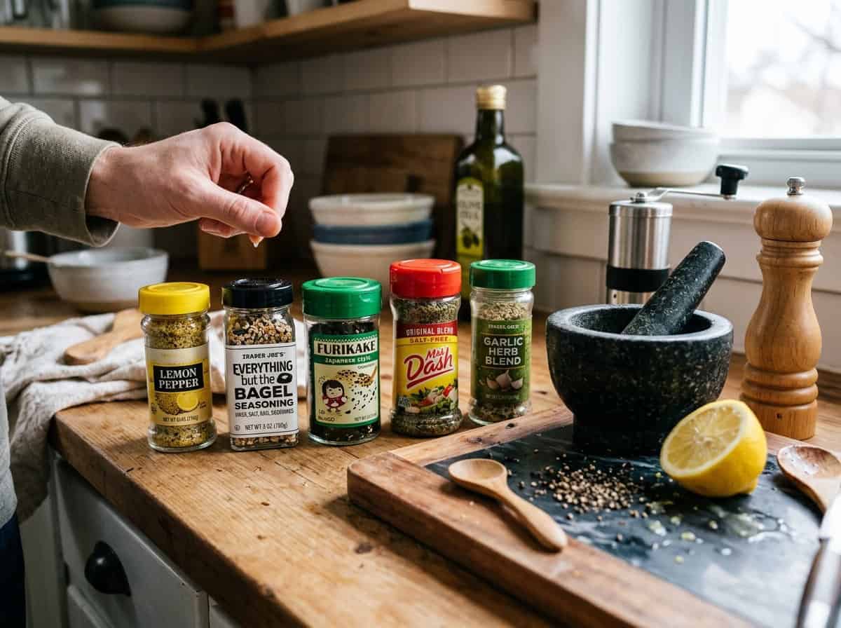 kitchen counter with jars of various seasonings: lemon pepper, everything but the bagel, mrs dash, garlic herb, mortar and pestle, lemon half