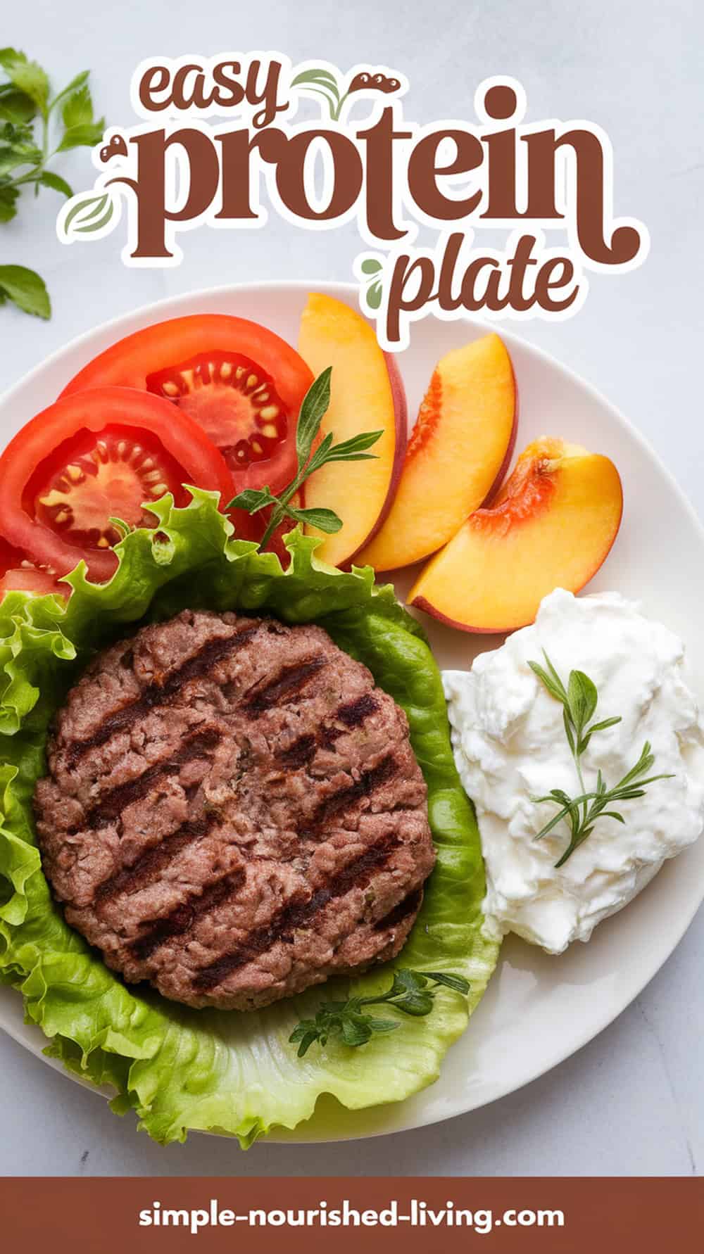 Pinterest Pin featuring grilled beef patty, scoop of cottage cheese, sliced peaches and sliced tomatoes