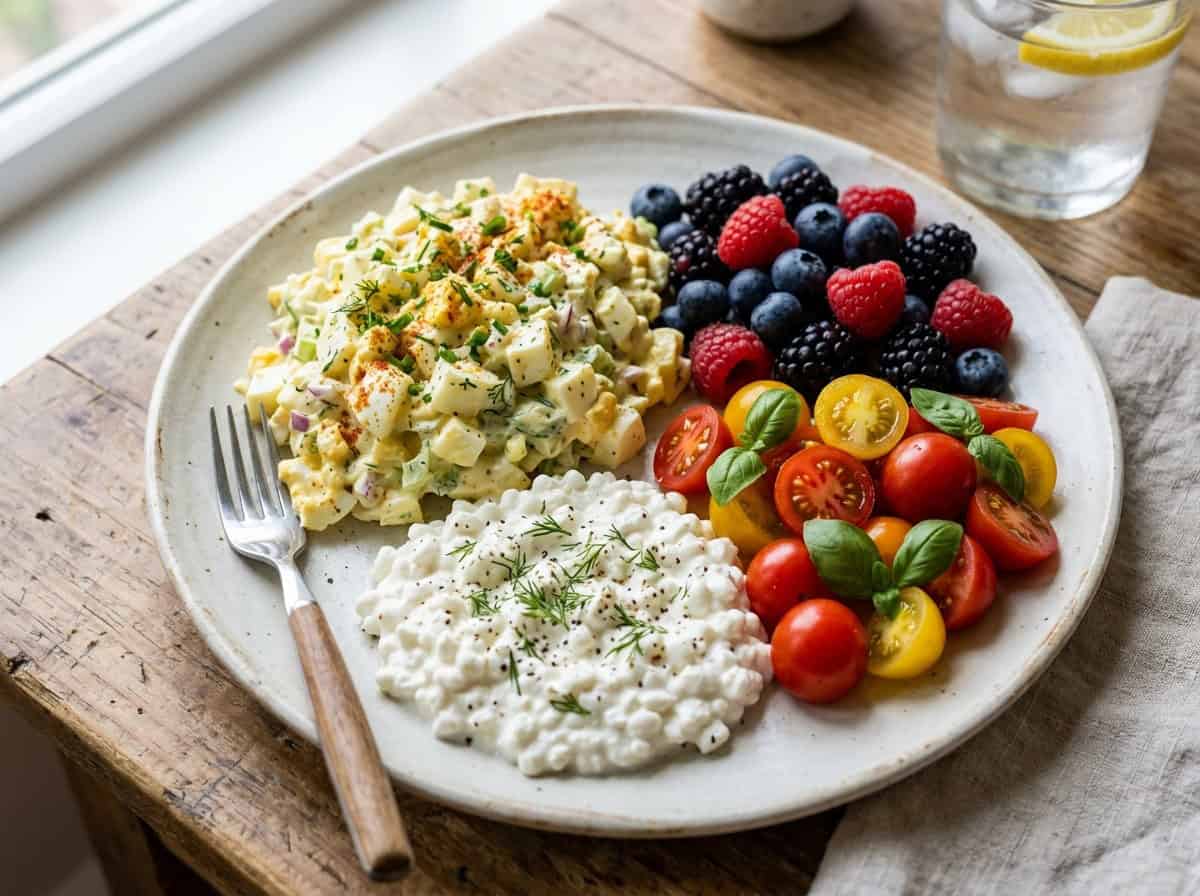 egg salad, cottage cheese, mixed berries and grape tomatoes on plate with fork alongside