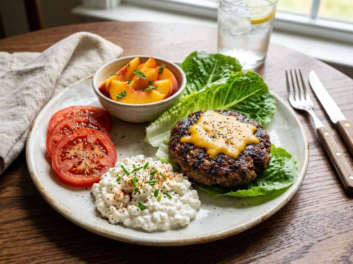 protein plate with ground beef patty, scoop of cottage cheese, dish of peach slices and tomato slices