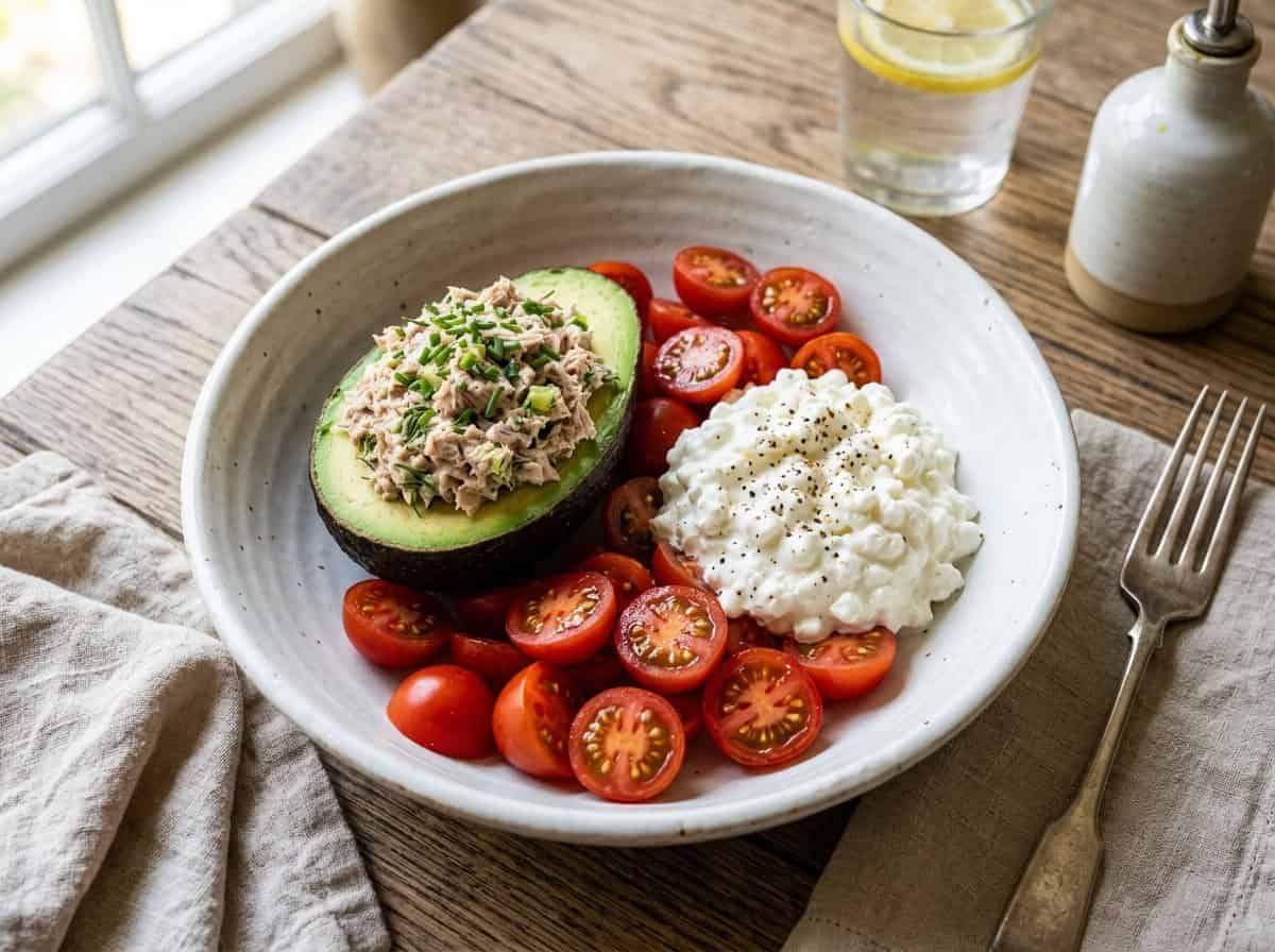 high protein lunch bowl with cottage cheese and tuna salad stuffed avocado on kitchen table with water glass in background