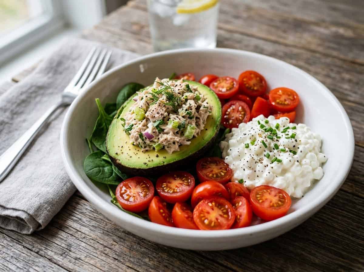 white ceramic bowl filled with tuna salad stuffed avocado half, scoop of cottage cheese, cherry tomato halves scattered all around