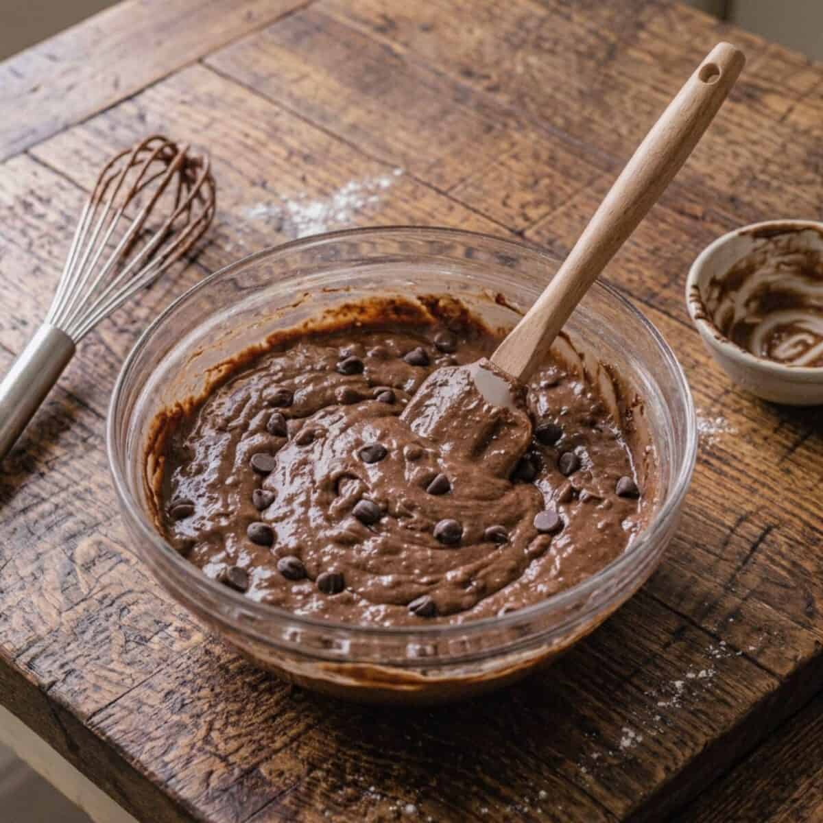 Stirring chocolate chips into triple chocolate brownie batter in glass bowl with spatula.