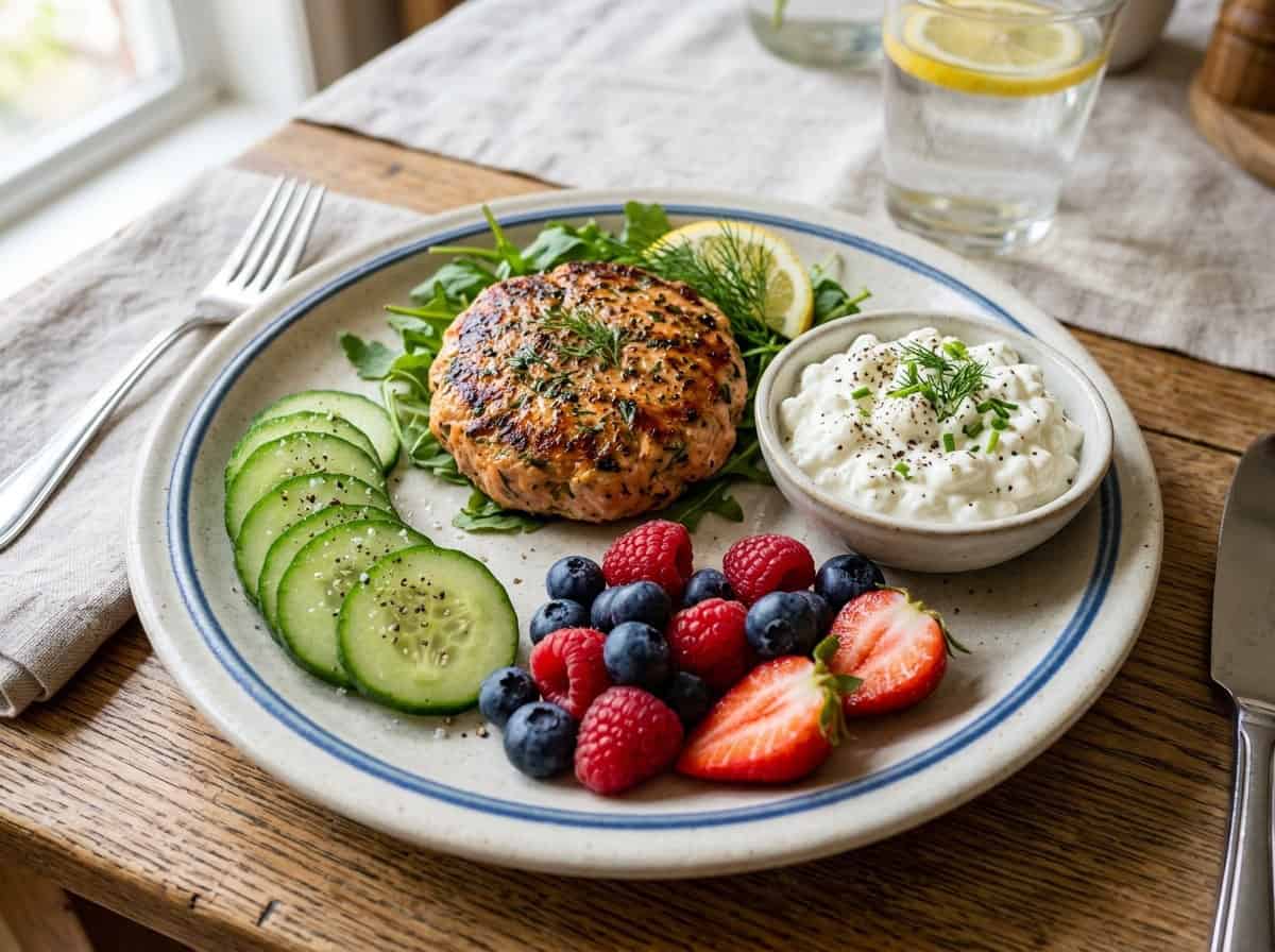 salmon patty, sliced cucumbers, berries, cottage cheese on blue rimmed plate