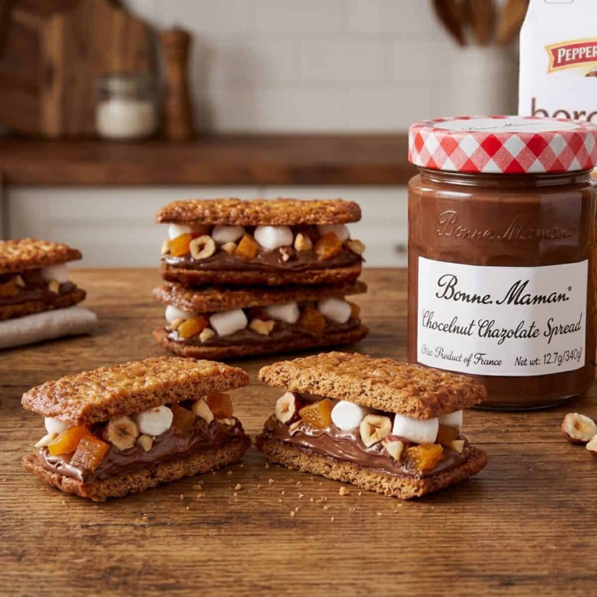Sugar Cookie Chocolate Hazelnut S'mores on a wood table with jar of Bonne Maman Chocolate Hazelnut Spread alongside.