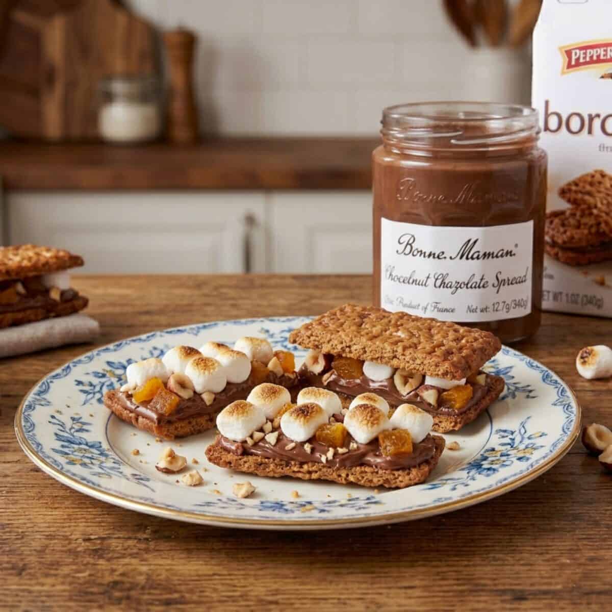 Sugar Cookie Chocolate Hazelnut S'mores on a vintage serving plate with one jar of Bonne Maman chocolate hazelnut spread in the background.
