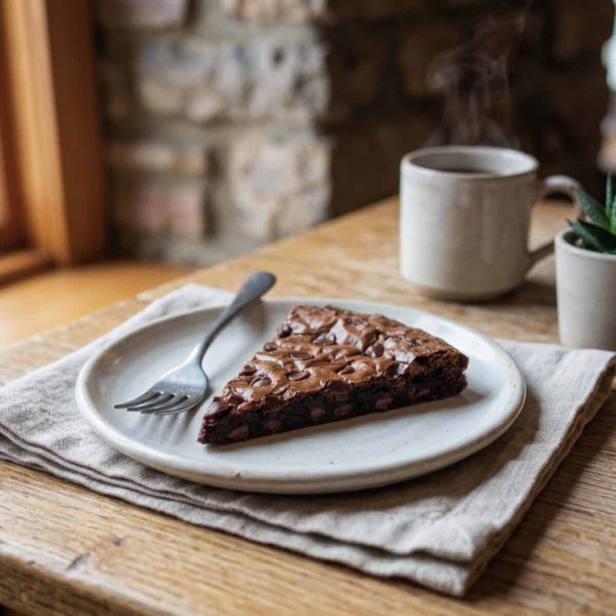 Triple chocolate brownie thin wedge on small plate with a fork, linen napkin and mug of hot coffee in the background.