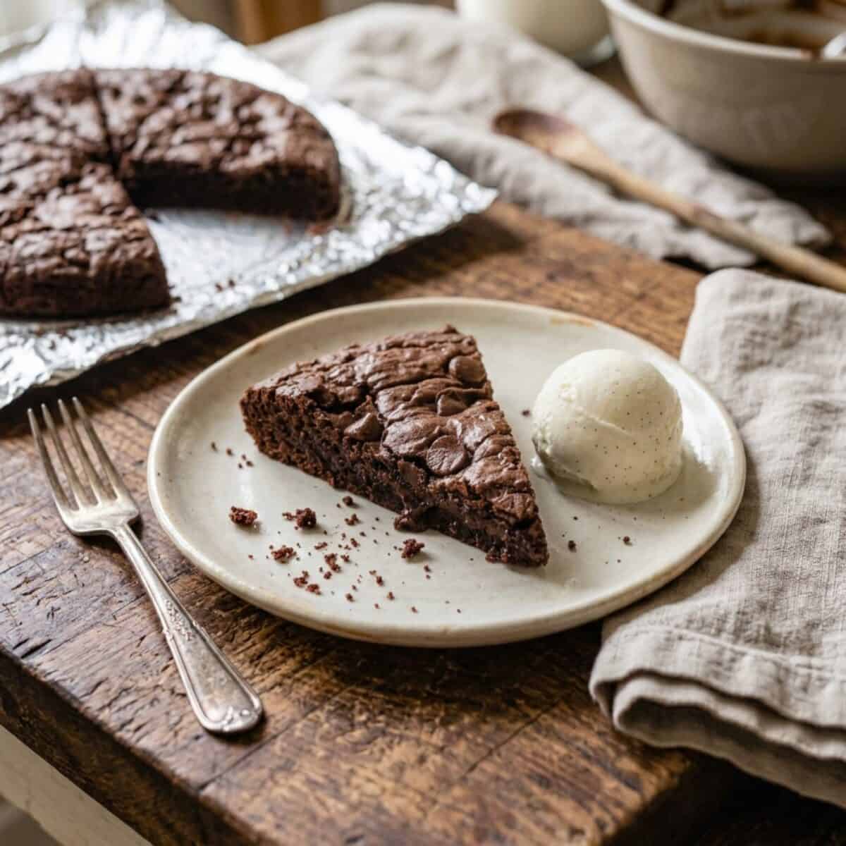 Triple Chocolate Brownie Thin wedge on a small white plate with a scoop of vanilla bean ice cream and a fork and linen napkin alongside.