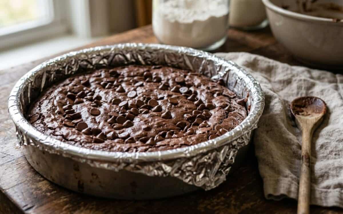 Fresh baked triple chocolate brownie thins in foil lined baking pan with wooden spoon and dish towel alongside.