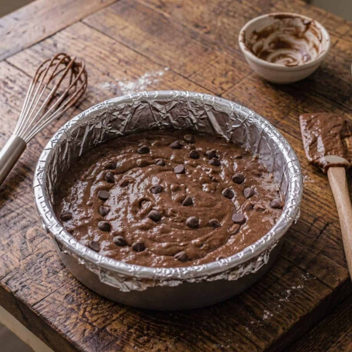 Unbaked triple chocolate brownie thins in round baking pan on wood table with whisk and spatula alongside.