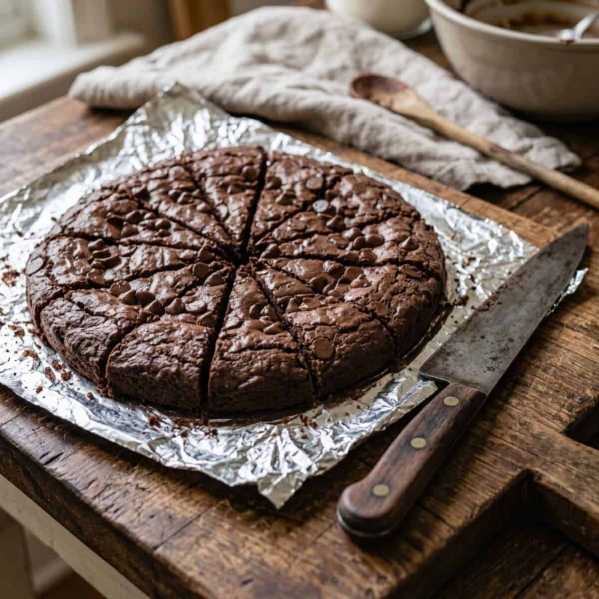 Triple Chocolate Brownie Thins cut into 12 wedges on sheet of foil on wood cutting board with chef knife.