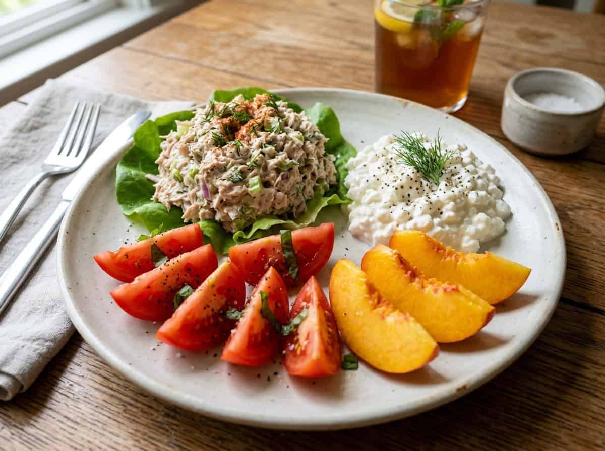 tuna salad, cottage cheese, sliced tomatoes and sliced peaches on white plate with iced tea in background