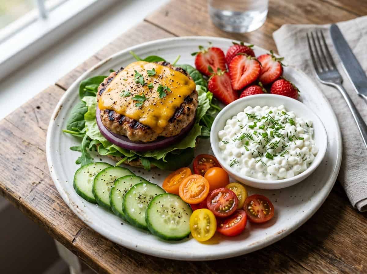 turkey burger protein plate with cottage cheese, strawberries, cucumbers, tomatoes and cottage cheese