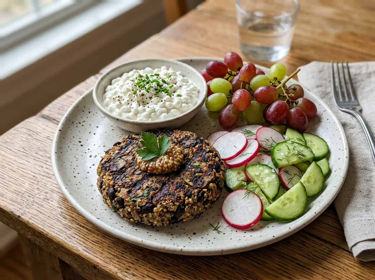 Veggie burger, cottage cheese, grapes, sliced radish and cucumber decoratively arranged on white dinner plate.