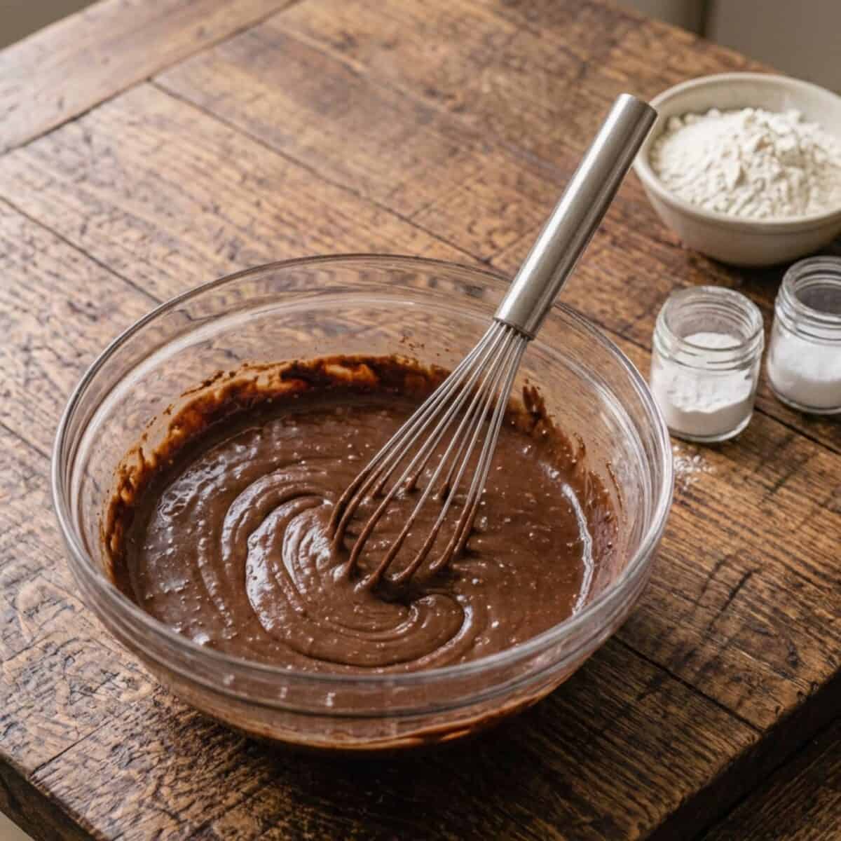 Mixing triple chocolate brownie batter in glass bowl with whisk.