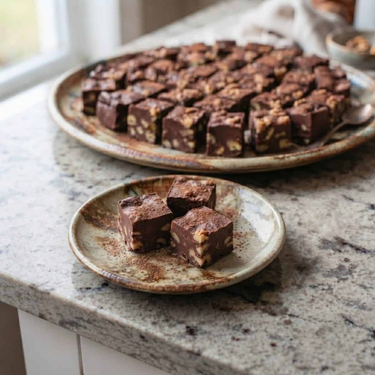 Chocolate walnut fudge on a small pottery plate with a larger platter of fudge in the background.