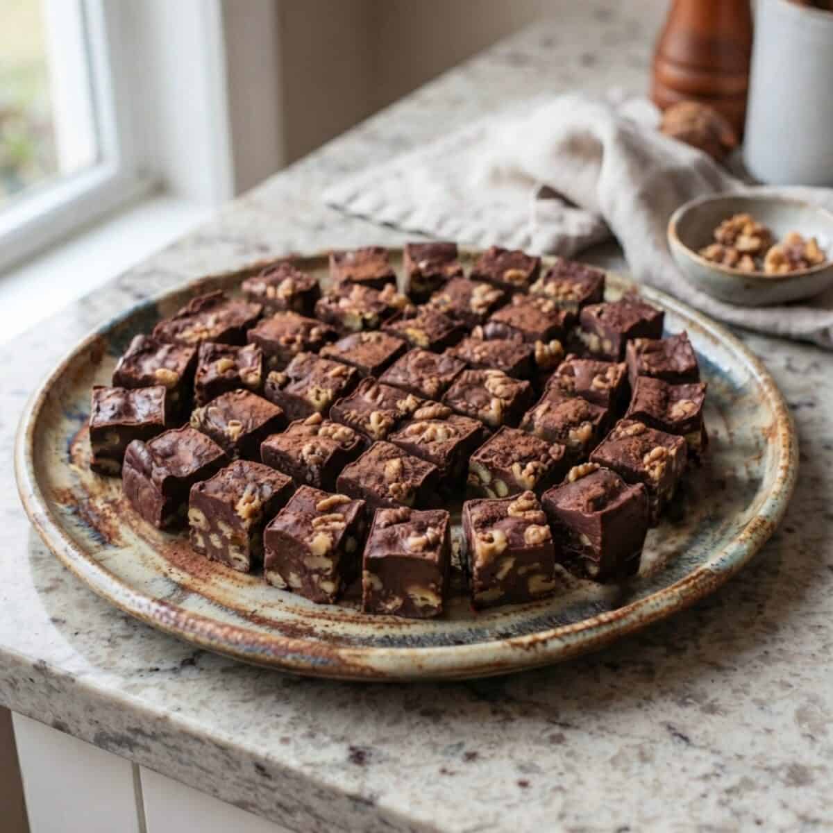 Chocolate Walnut Fudge on pottery serving platter.