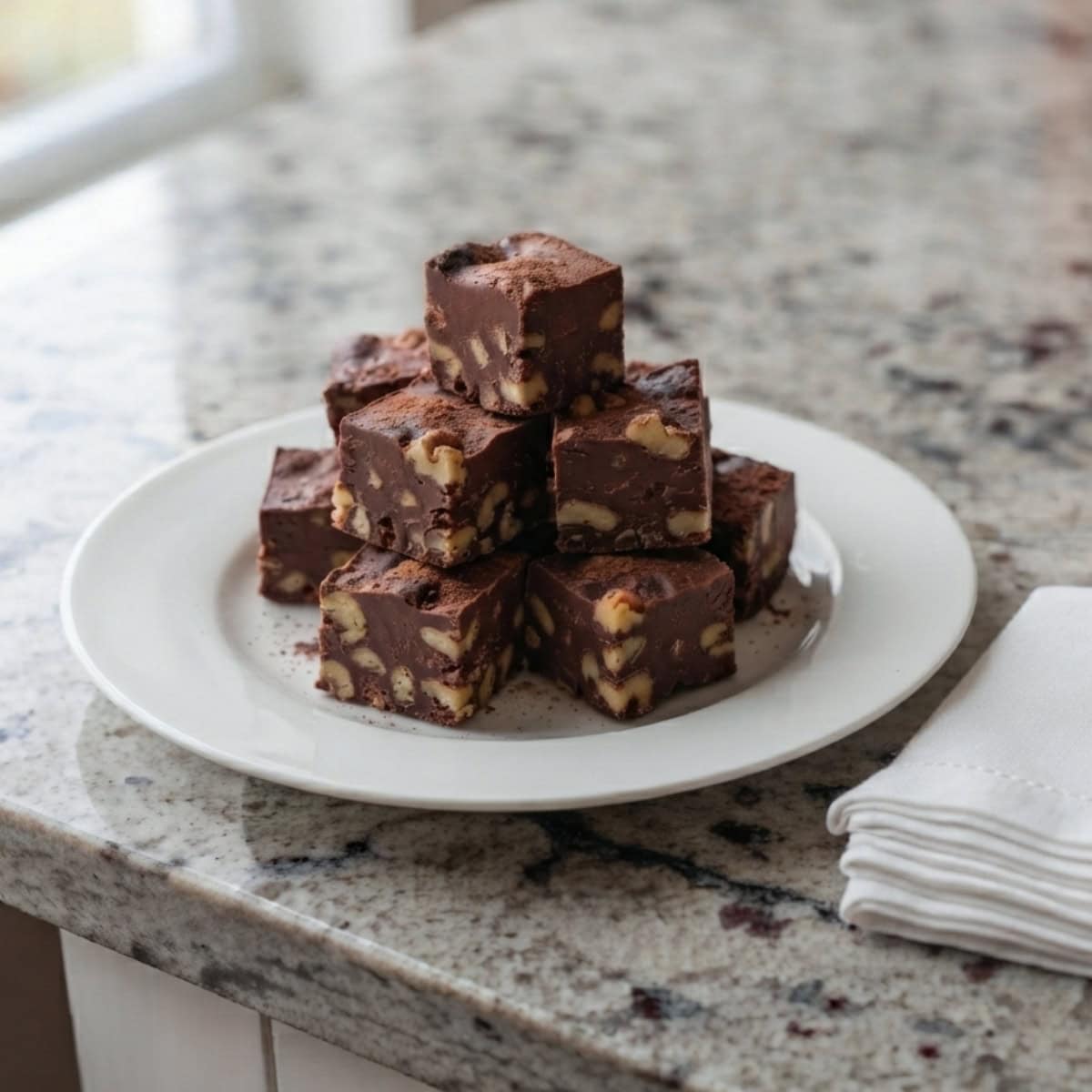 Chocolate Walnut Fudge stacked on small white plate.