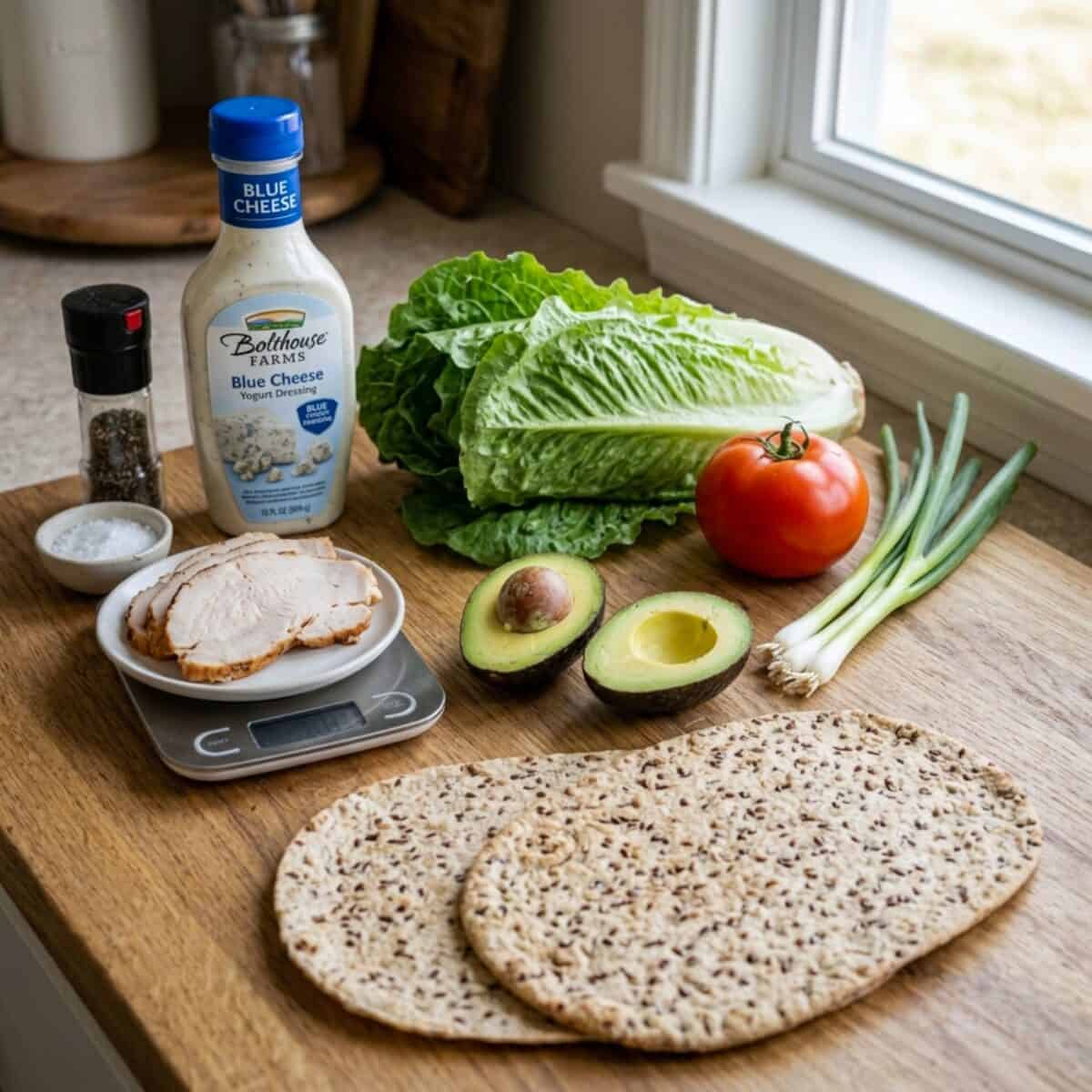 Two flaxseed wraps, sliced turkey, avocado, tomato, romaine, green onion and a bottle of Bolthouse Farms blue cheese yogurt dressing on kitchen counter.