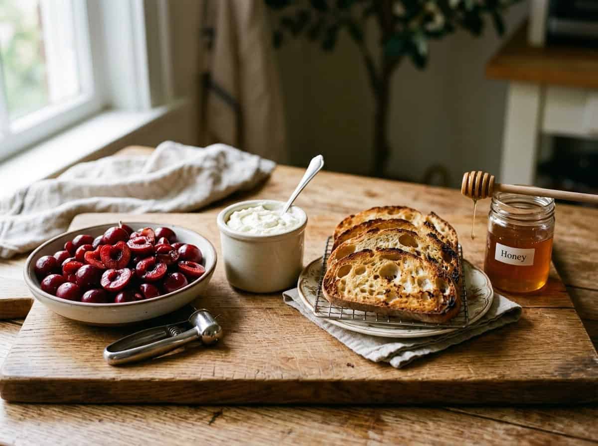 cutting board with bowl of halved cherries, crock of ricotta cheese, slices of toast, jar of honey
