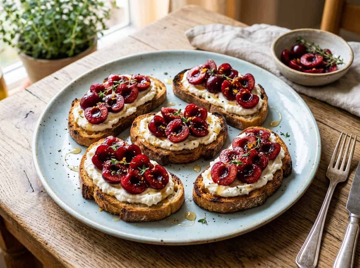 plate with 5 slices cherry ricotta toast ready to enjoy
