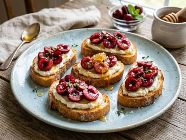pale blue pottery plate with 5 slices of cherry ricotta toast drizzed with honey