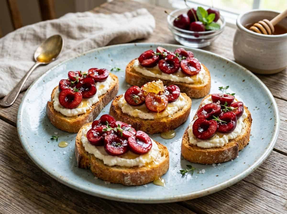 pale blue pottery plate with 5 slices of cherry ricotta toast drizzed with honey