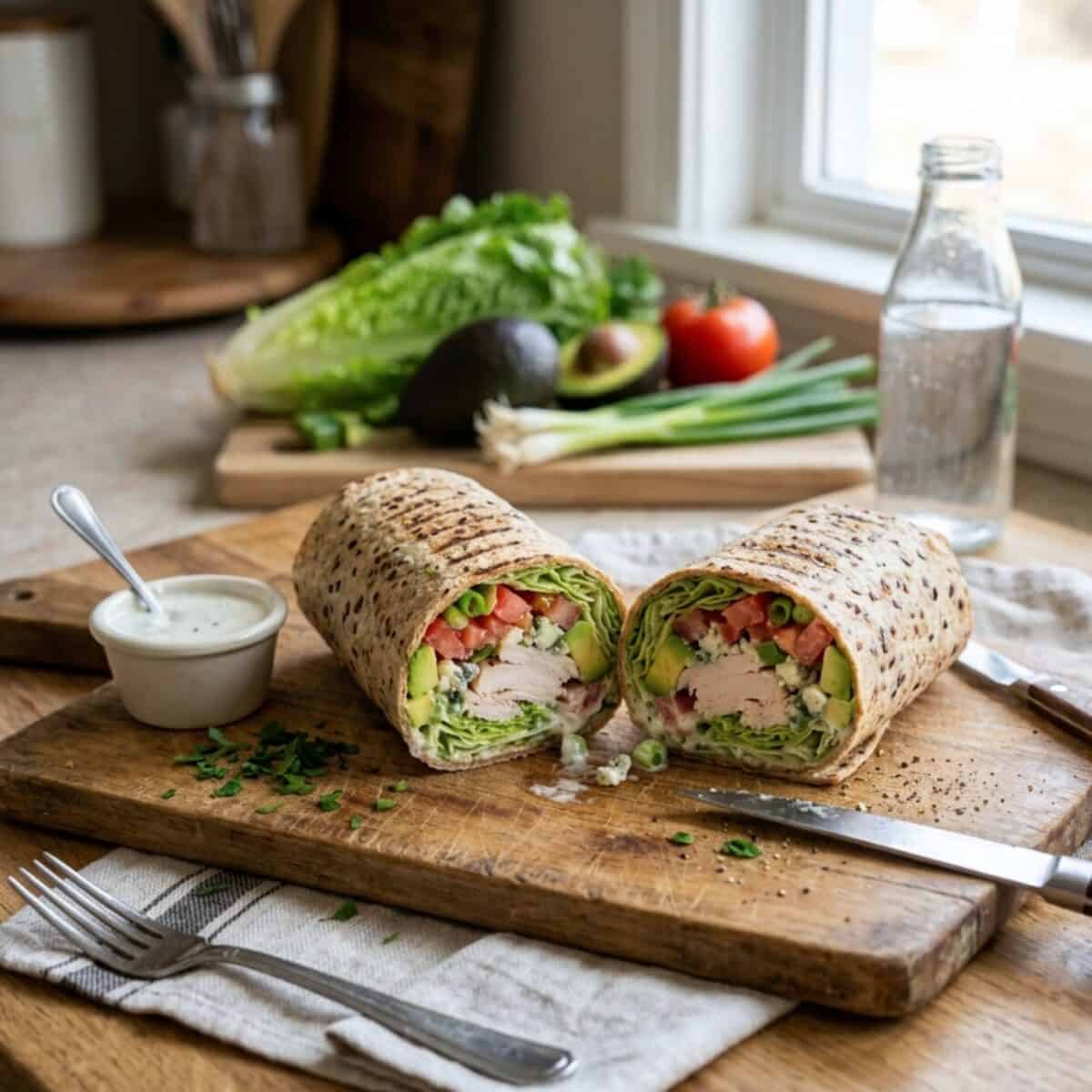 Turkey Cobb salad wrap cut in half on wood cutting board with Romaine lettuce, avocado, tomato and green onions in the background with a bottle of water.