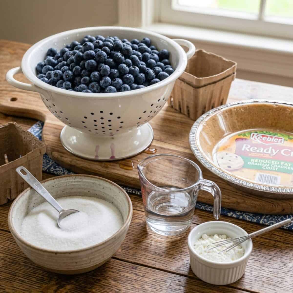 Blueberries in a colander, bowl of sugar, cornstarch, water and store-bought reduced fat graham cracker pie crust on wood table.