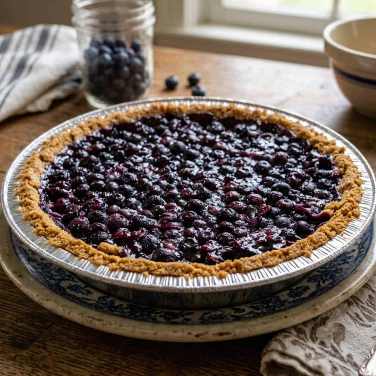 Fresh made blueberry pie in graham cracker crust on wood table.