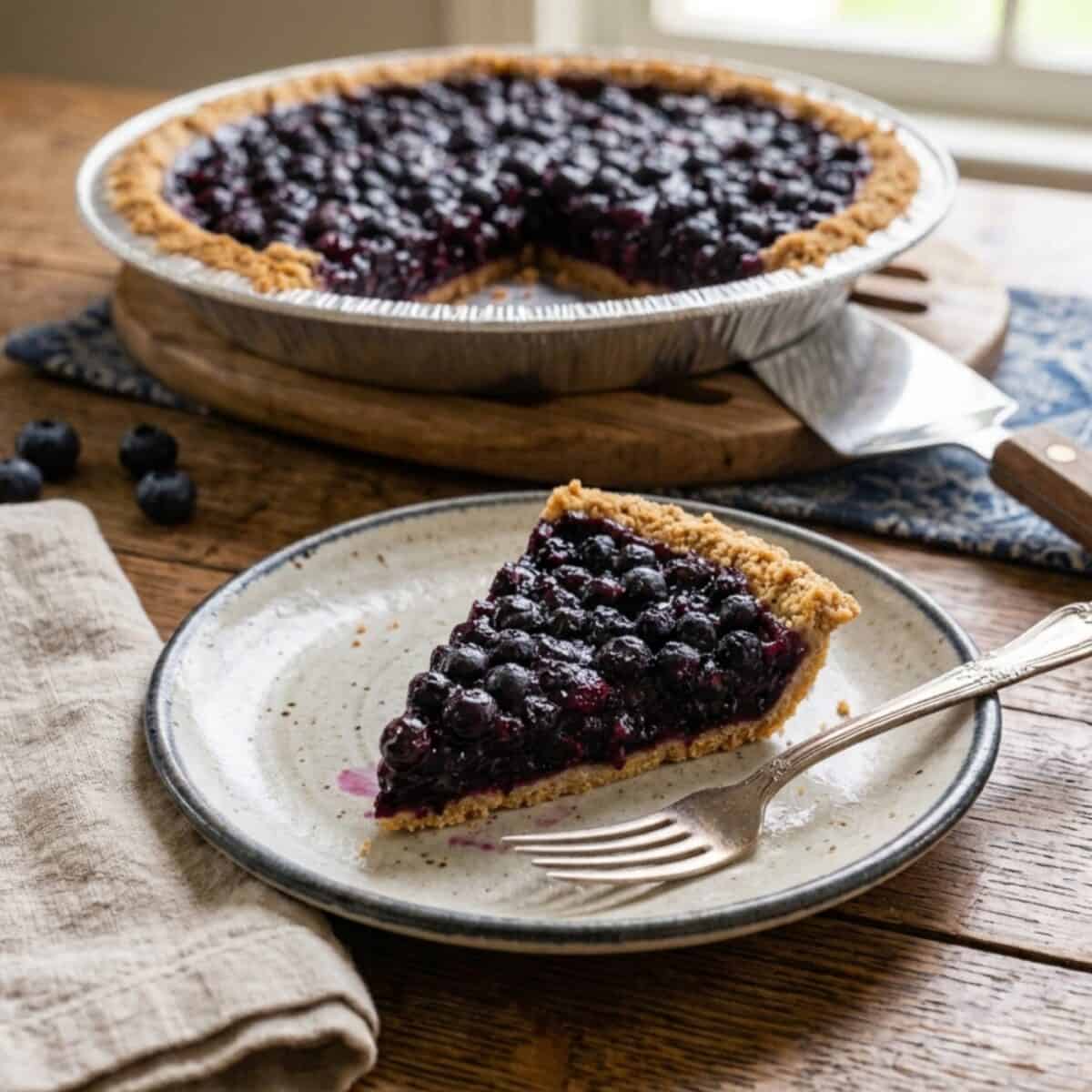 Piece of blueberry pie in graham cracker crust on small plate with a fork and blueberry pie in pie tin behind.