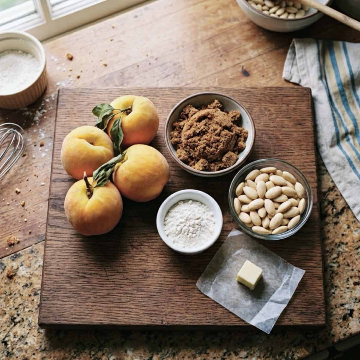 Fresh peaches, brown sugar, blanched almonds, all-purpose flour and butter on wood cutting board on kitchen counter.