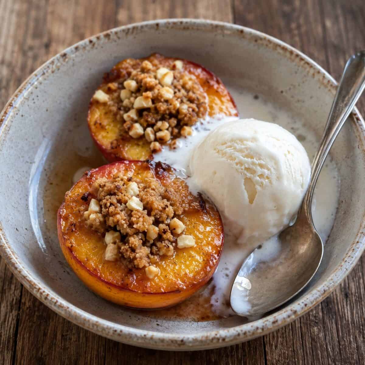 Streusel-topped roasted peaches with a scoop of vanilla ice cream in a ceramic dessert bowl with spoon.