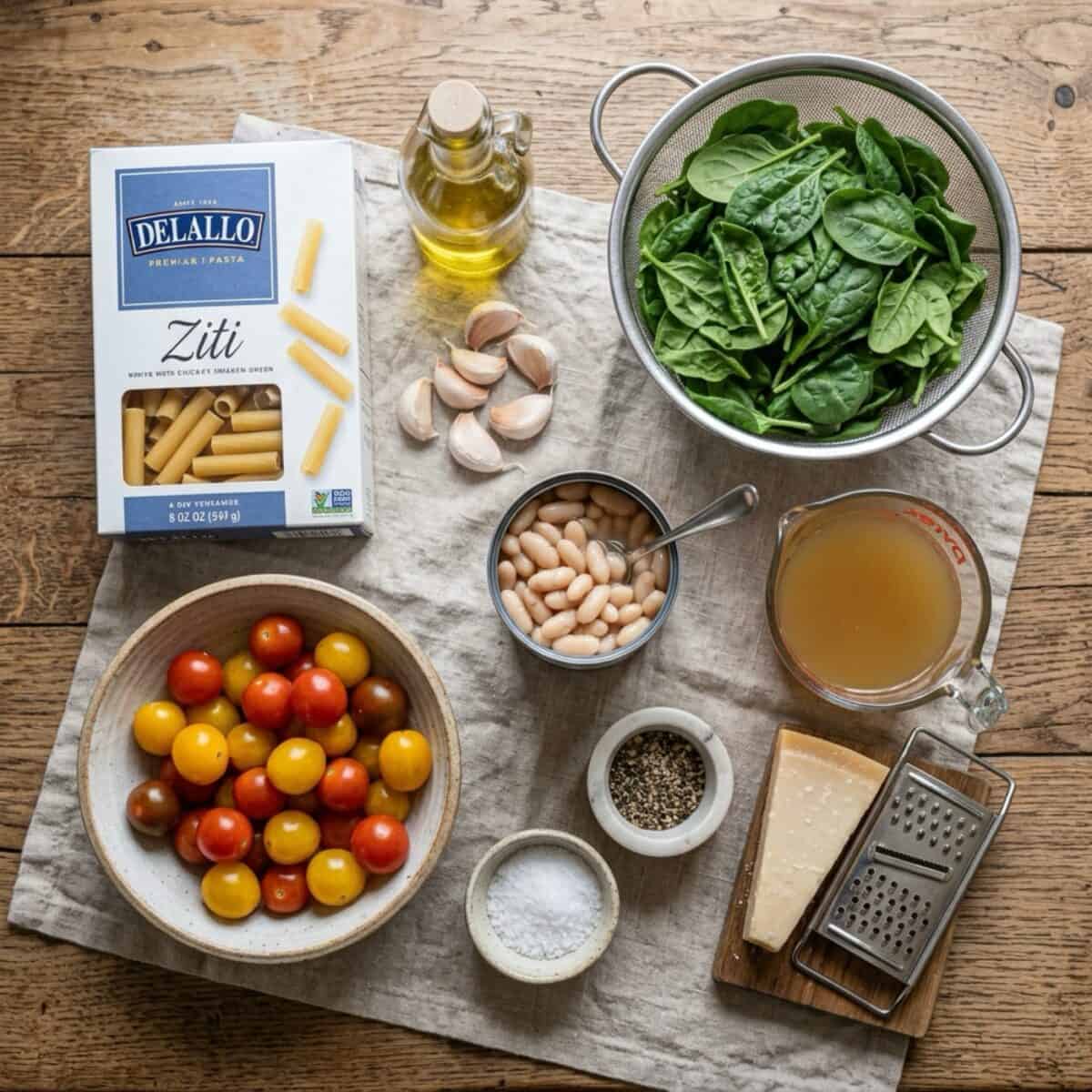 Ingredients including a box of ziti pasta, baby spinach in a colander, olive oil, garlic cloves, a bowl of cherry tomatoes, an open can of small white beans, chicken broth, salt and pepper and wedge of Parmesan cheese with a grater.