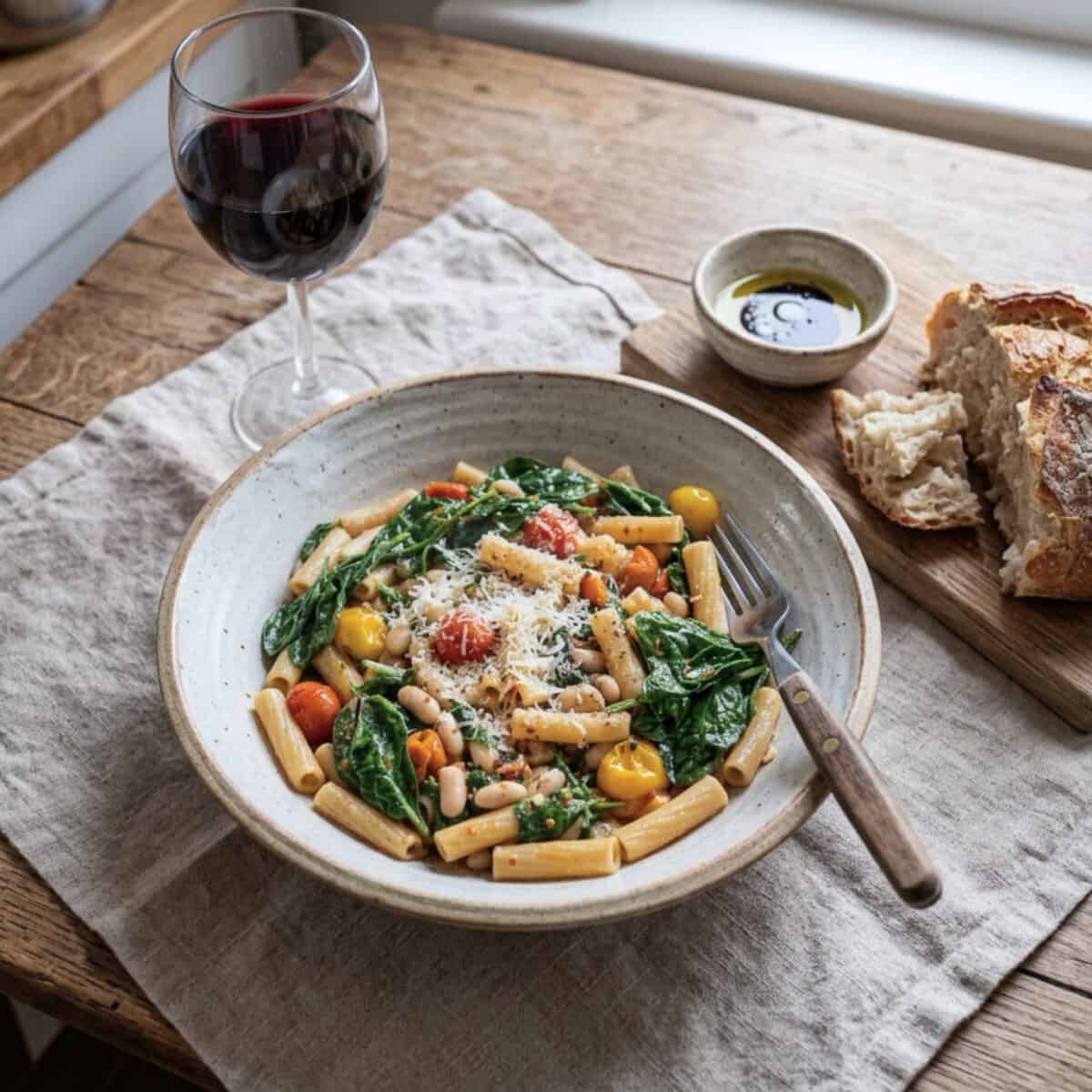 Ziti with spinach, tomatoes and white beans topped with grated Parmesan cheese in a bowl with a fork, glass of red wine and crusty bread alongside.