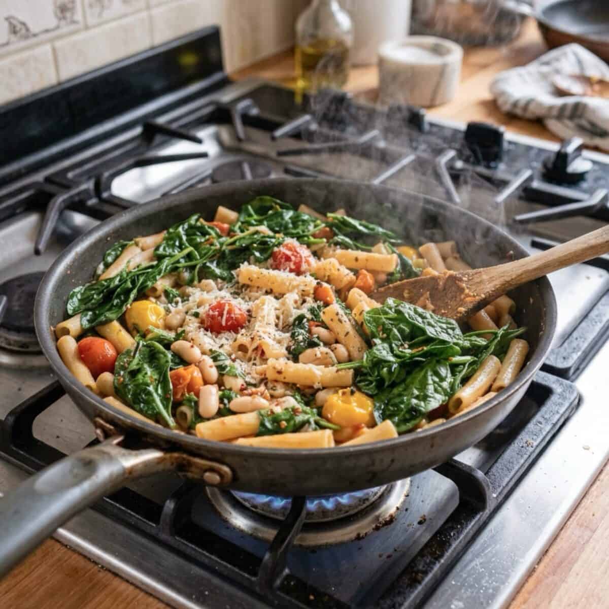 Cooking ziti with spinach, tomatoes and white beans in a skillet on a gas stove.