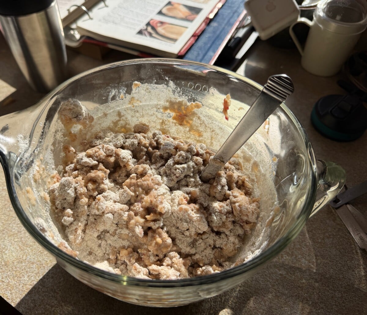 Mixing Apple Bran Muffin Batter in Large Glass Bowl