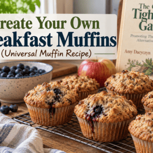 muffins on a rack cooking with book and ingredients in background