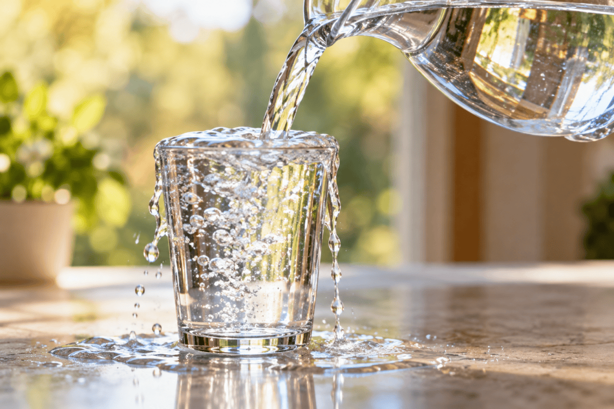 Overfilling a glass of water with a water pitcher