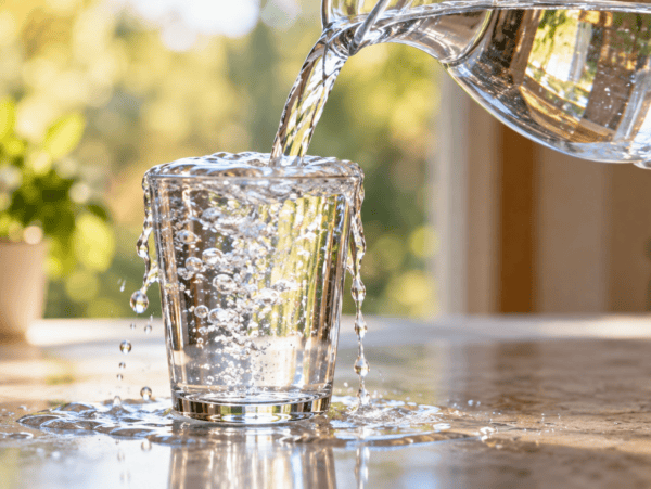 Overfilling a glass of water with a water pitcher