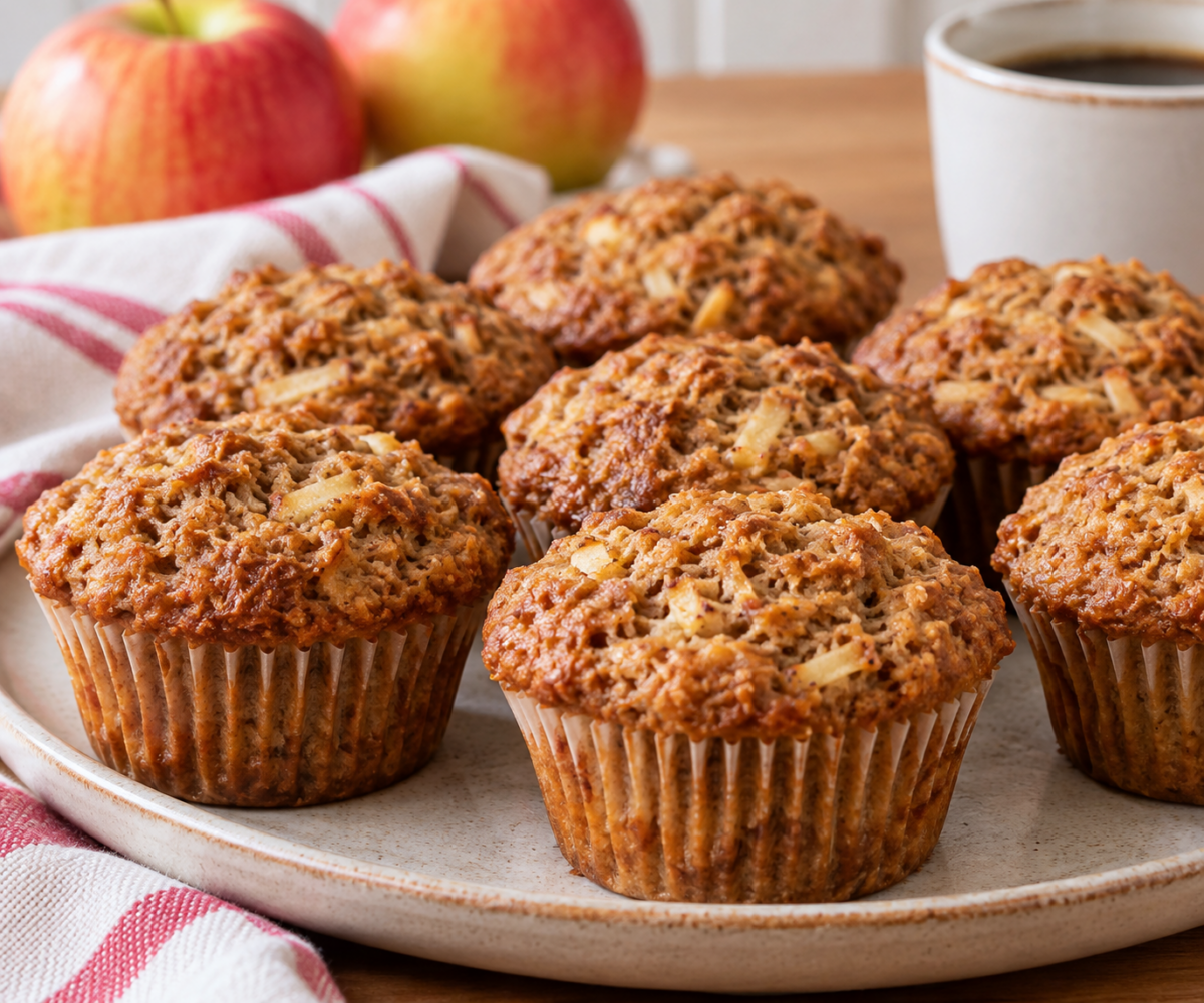 apple bran muffins arranged on a pottery plate with coffee and apples in background