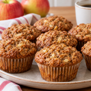 apple bran muffins arranged on a pottery plate with coffee and apples in background