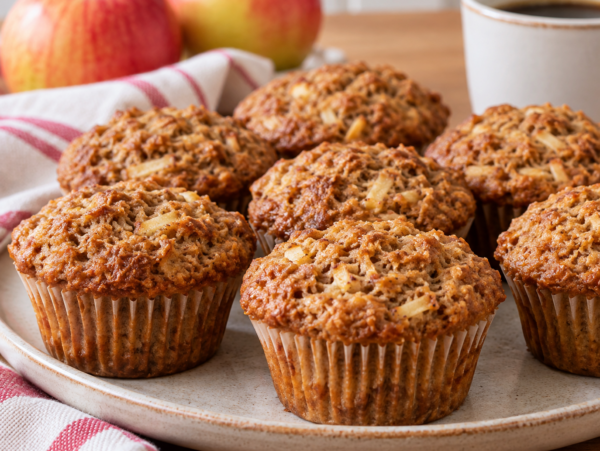 apple bran muffins arranged on a pottery plate with coffee and apples in background