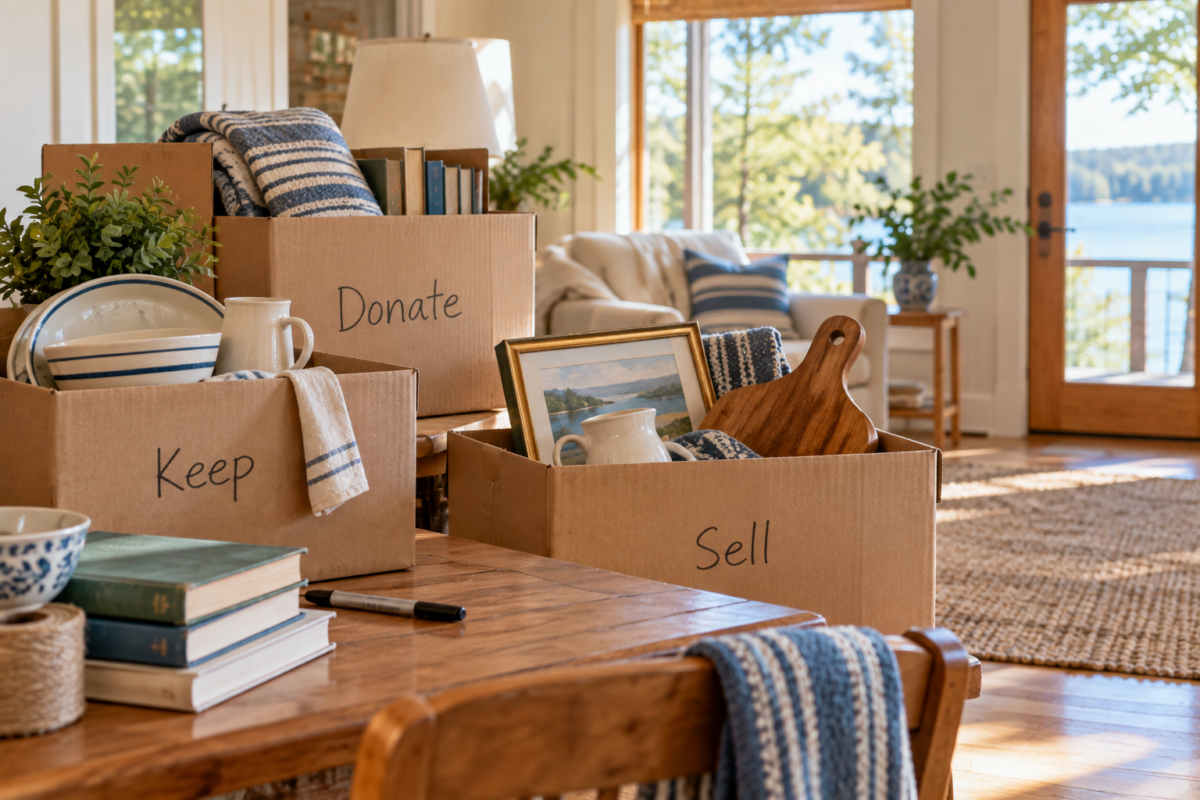 room with boxes of items marked sell, donate, keep
