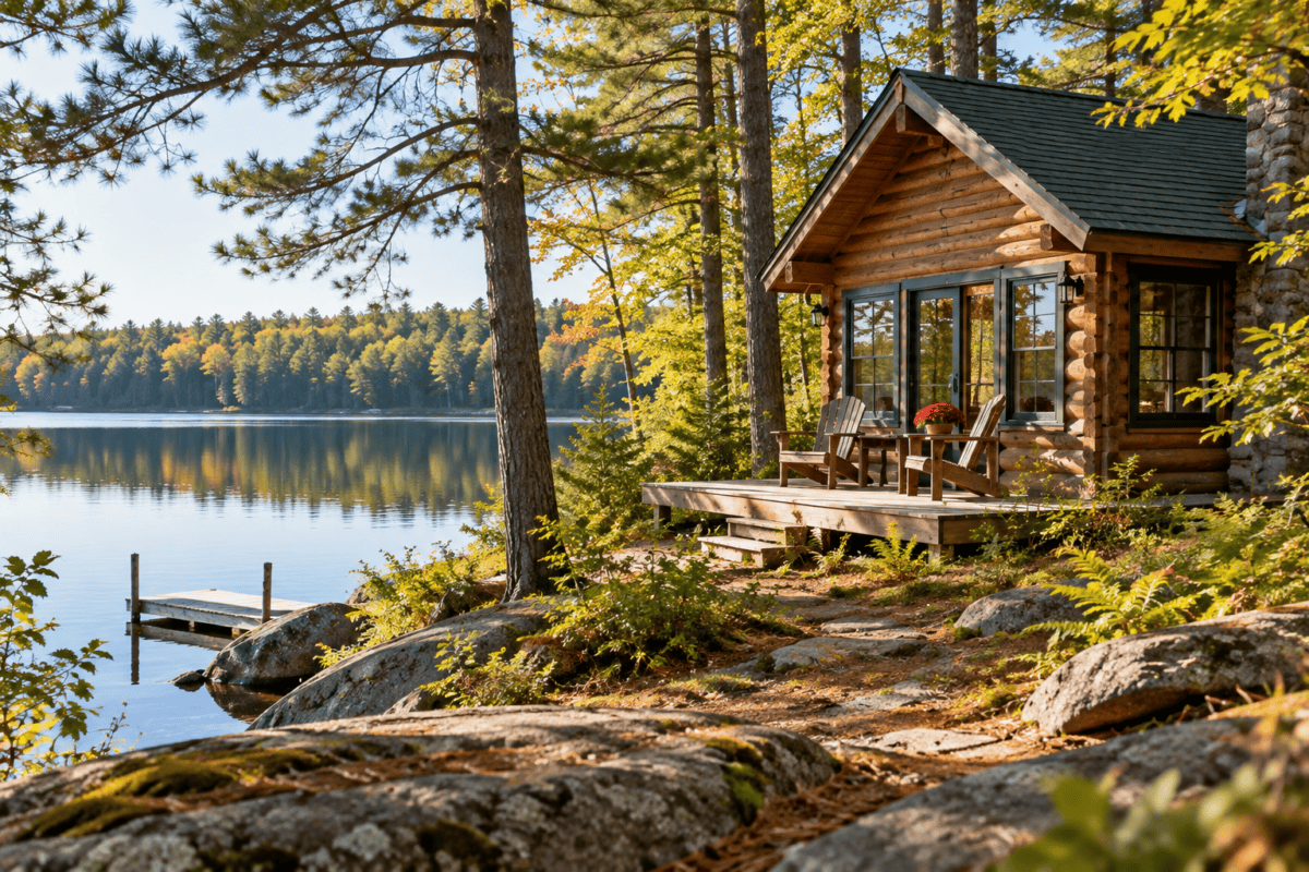 small log cottage beside a lake