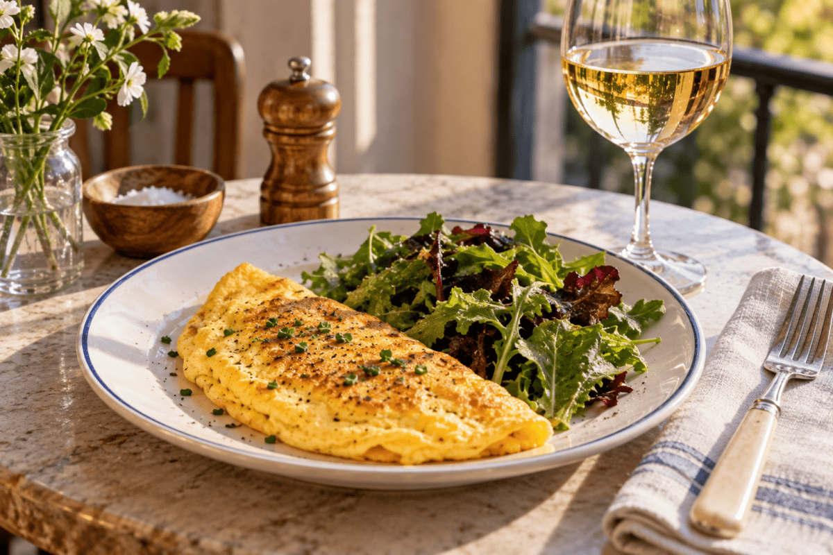 omelet and mixed greens on white plate with glass of wine alongside