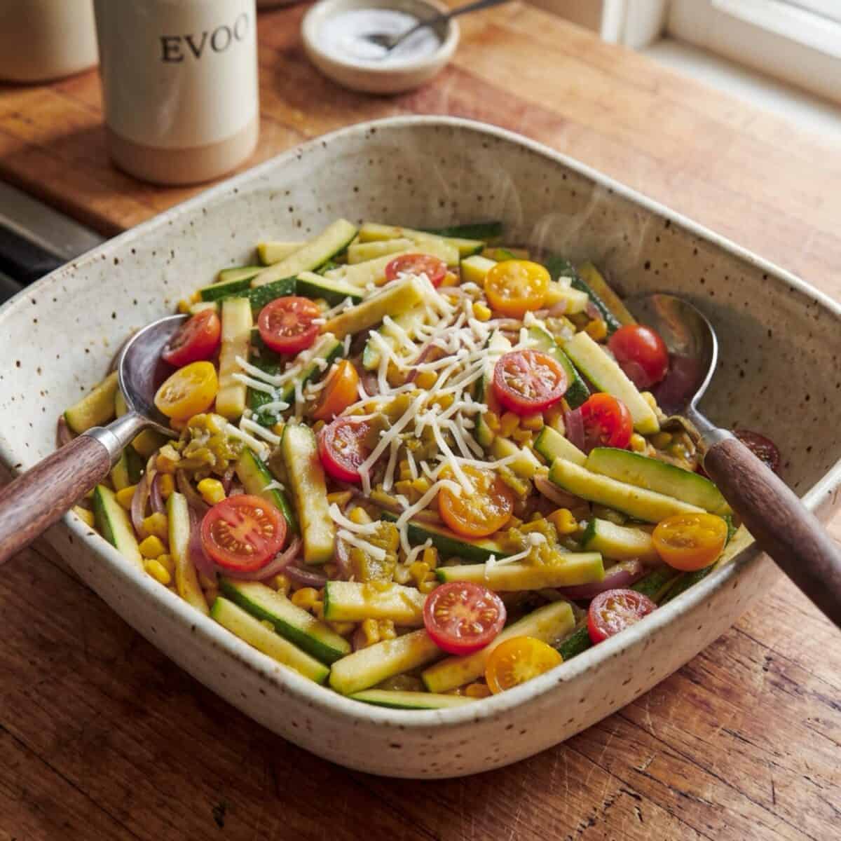 Zucchini Mexican Style with chopped green chilies, corn and tomatoes topped with reduced-fat shredded Monterey Jack cheese in a serving bowl with serving spoons.