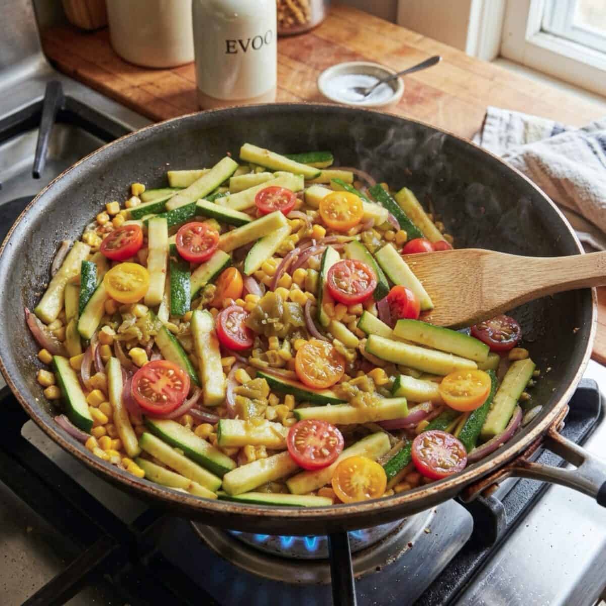 Cooking zucchini, corn, chopped green chilies, and halved cherry tomatoes in a skillet with a wooden spatula.