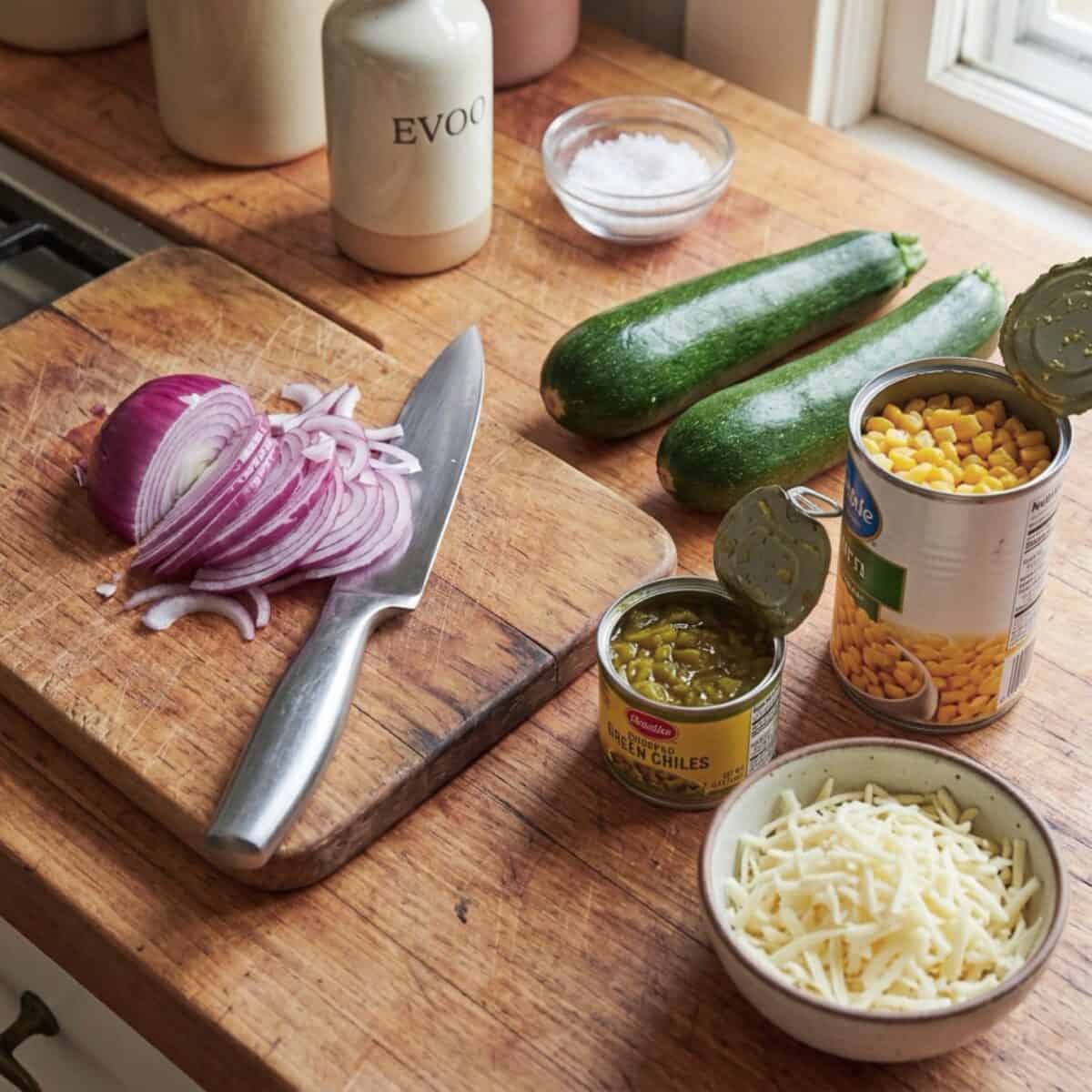 Thinly sliced red onion on wood cutting board with knife, two zucchini, an open can of corn, an open can of chopped green chilies, salt, olive oil and small bowl of shredded Monterey Jack cheese.